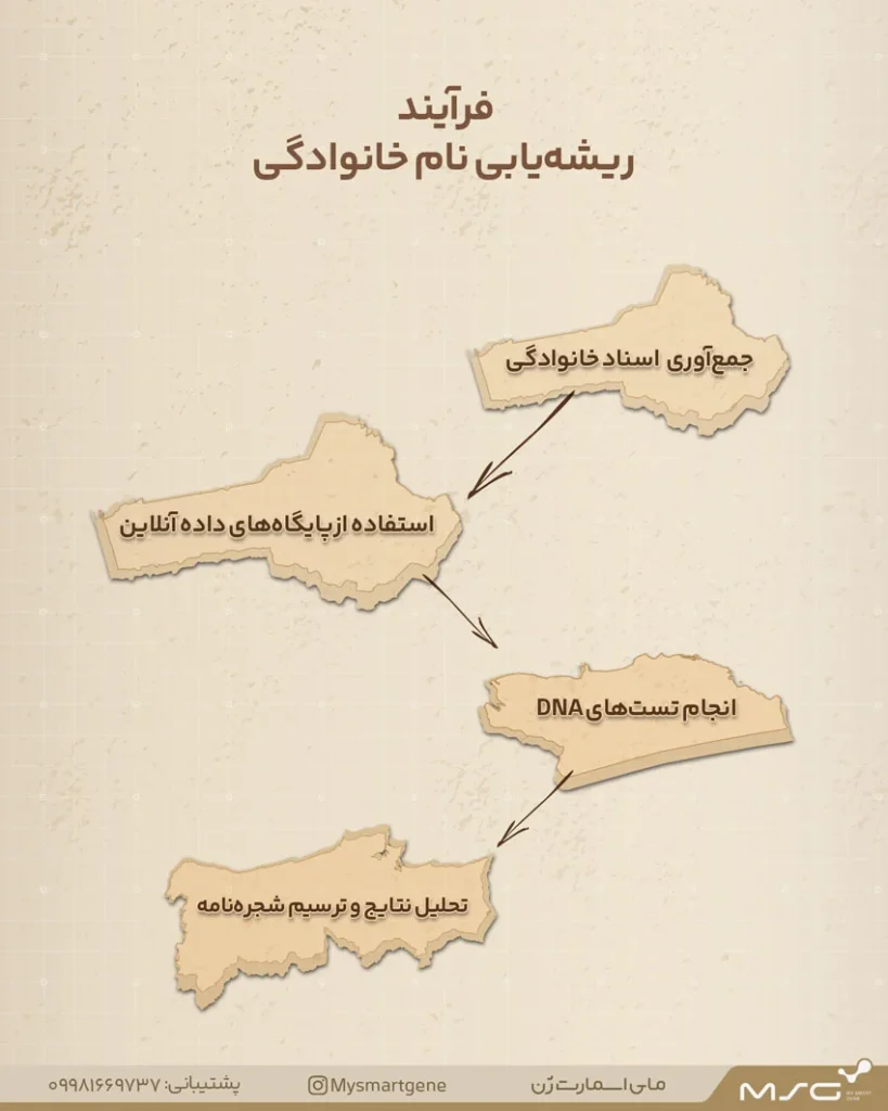 اینفوگرافیک از مراحل و روش های ریشه یابی نام خانوادگی