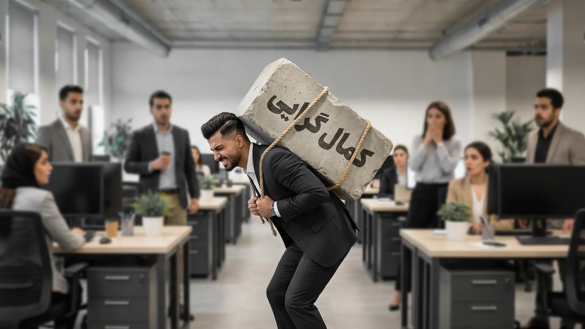 یک کارمند که یک سنگ بزرگ روی کمرش است و خم شده و روی ان نوشته کمالگرایی