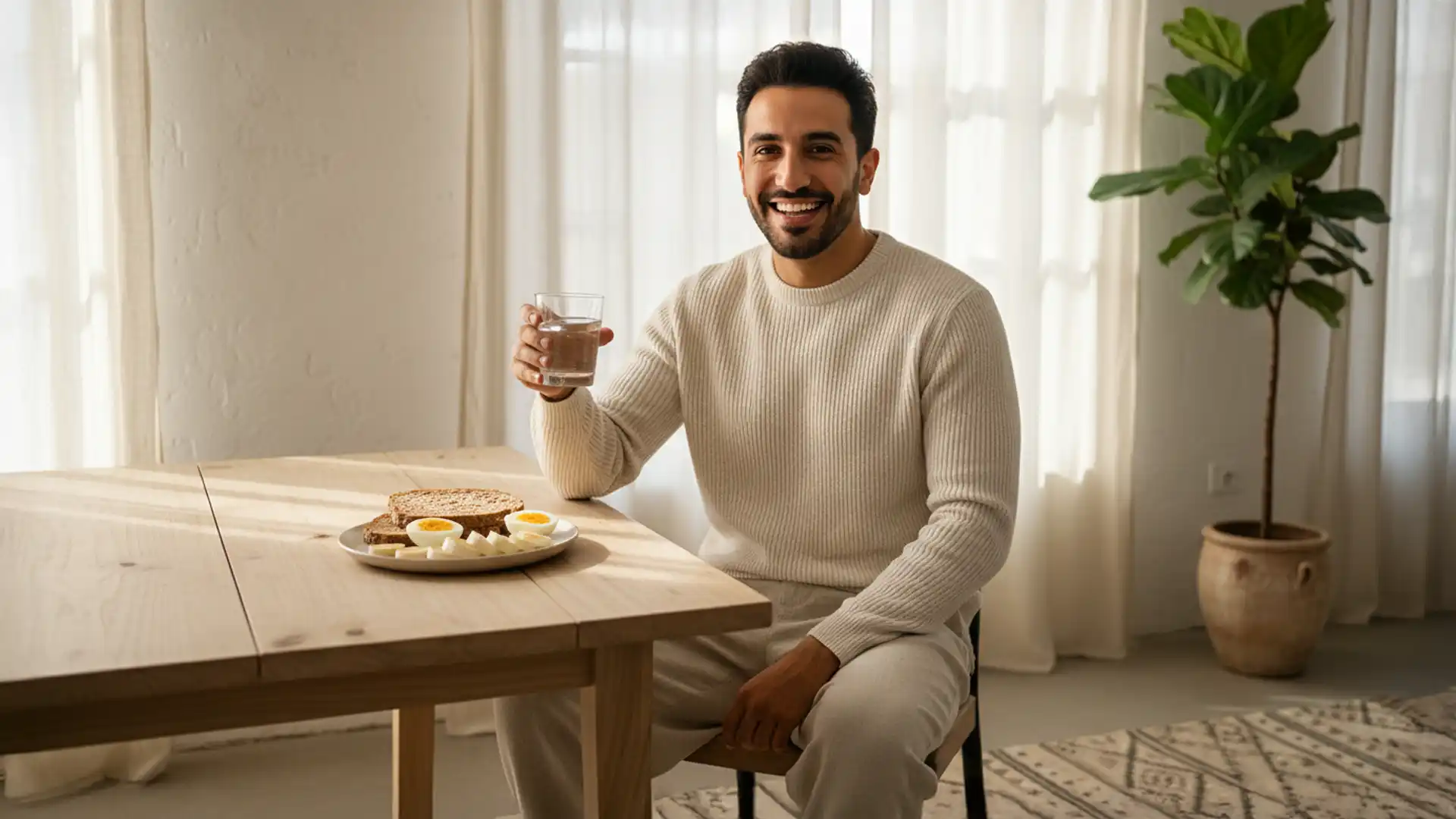 یک فرد که سر میز ناهارخوری نشسته و در حال خوردن غذای سالمه