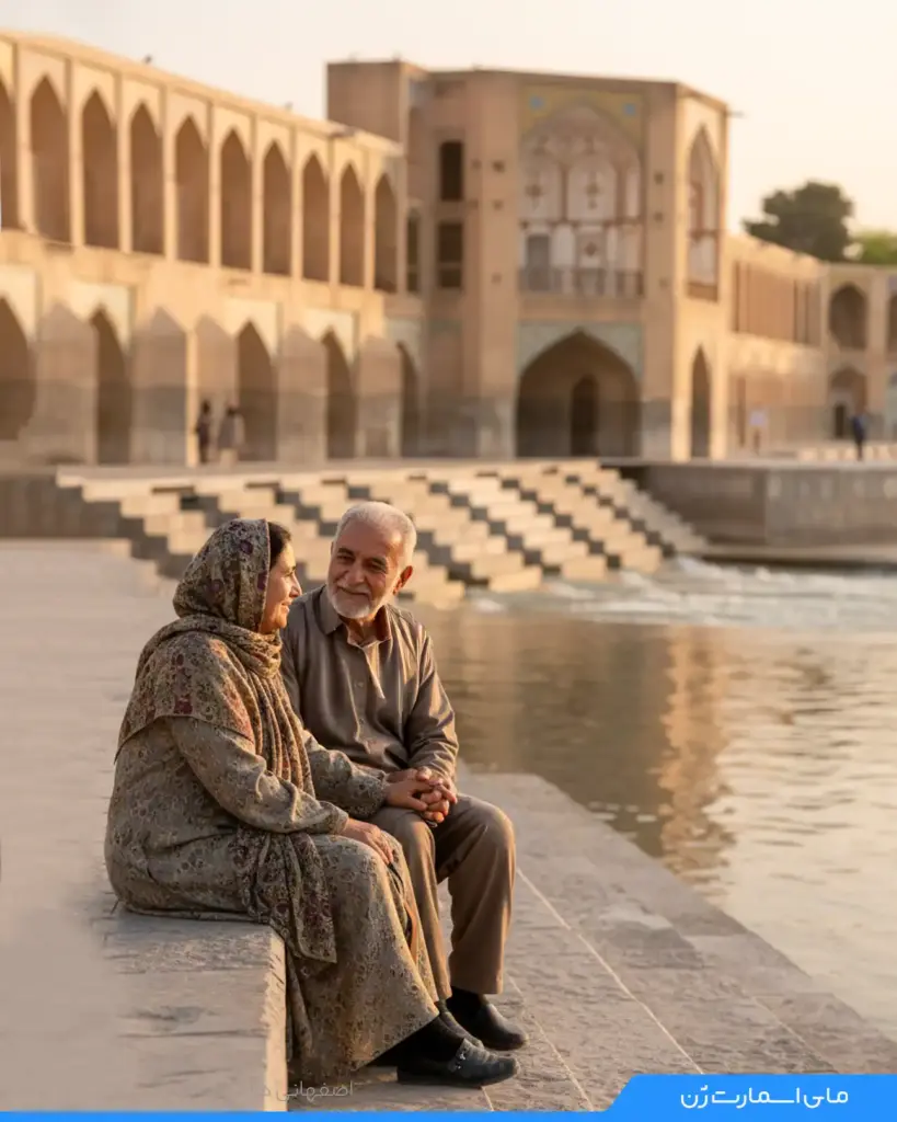 یک خانم و آقای مسن در کنار زاینده رود نشستند