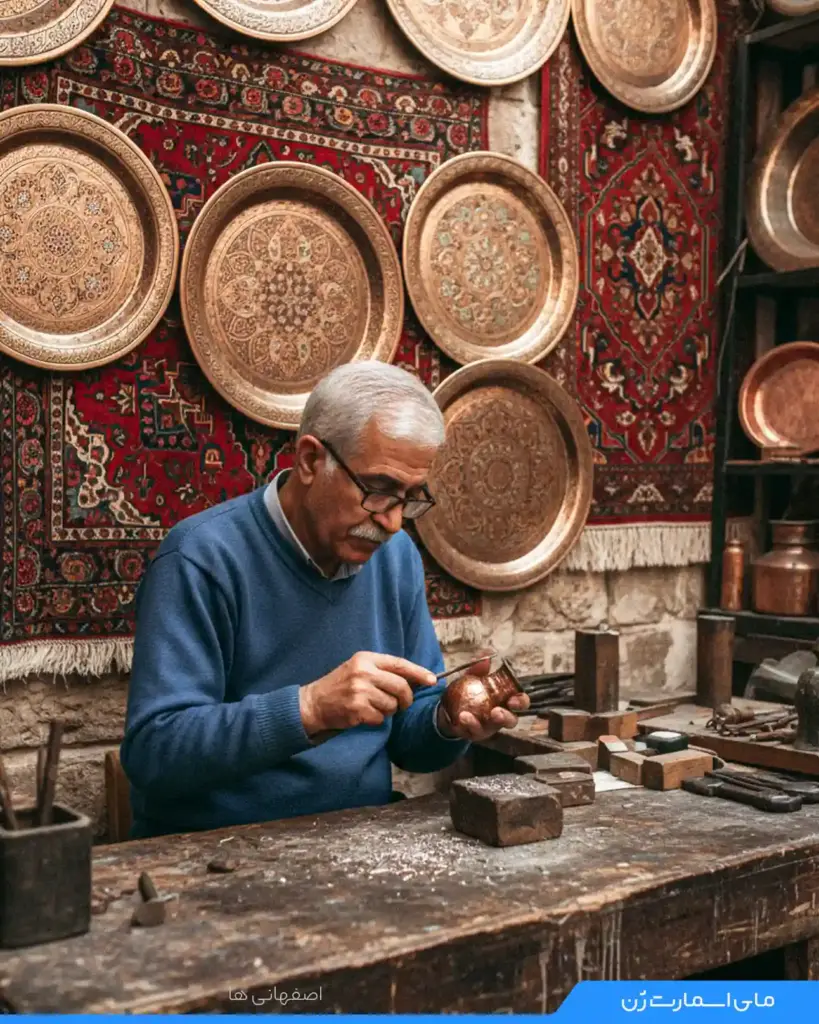 استادکار مسگری اصفهانی در حال قلم زنی