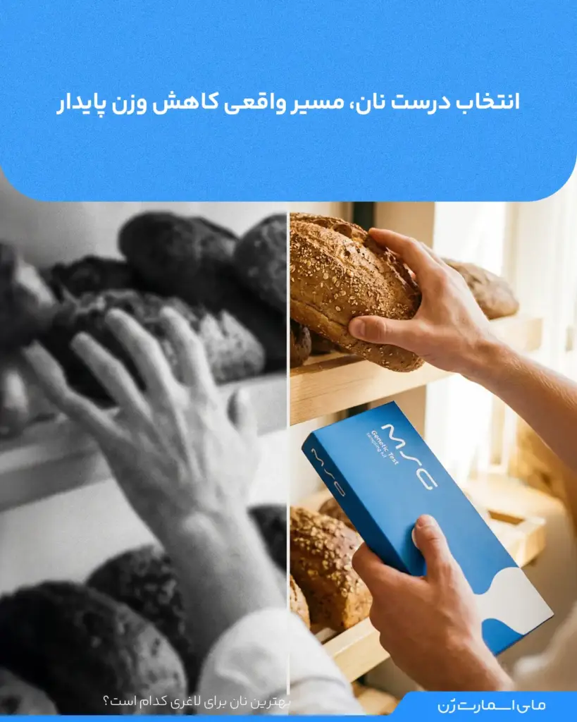 دستی که کیت تست ژنتیک تغذیه مای اسمارت ژن را نگه داشته و درحال انتخاب نان مناسب برای رژیم غذایی اش است