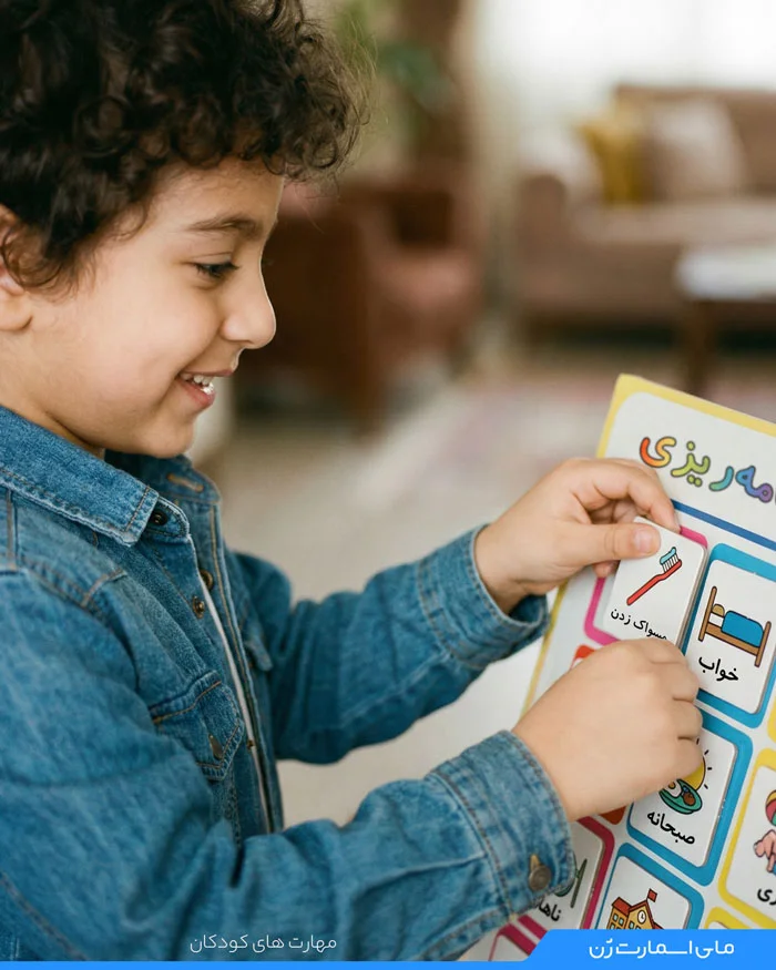 کودک درحال چیدن کارت های برنامه ریزی روزانه روی تخته