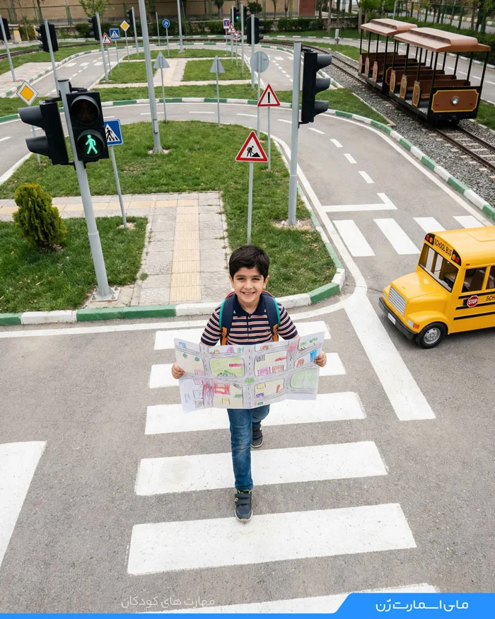 کودک با نقشه درحال رد شدن از خط عابر پیاده