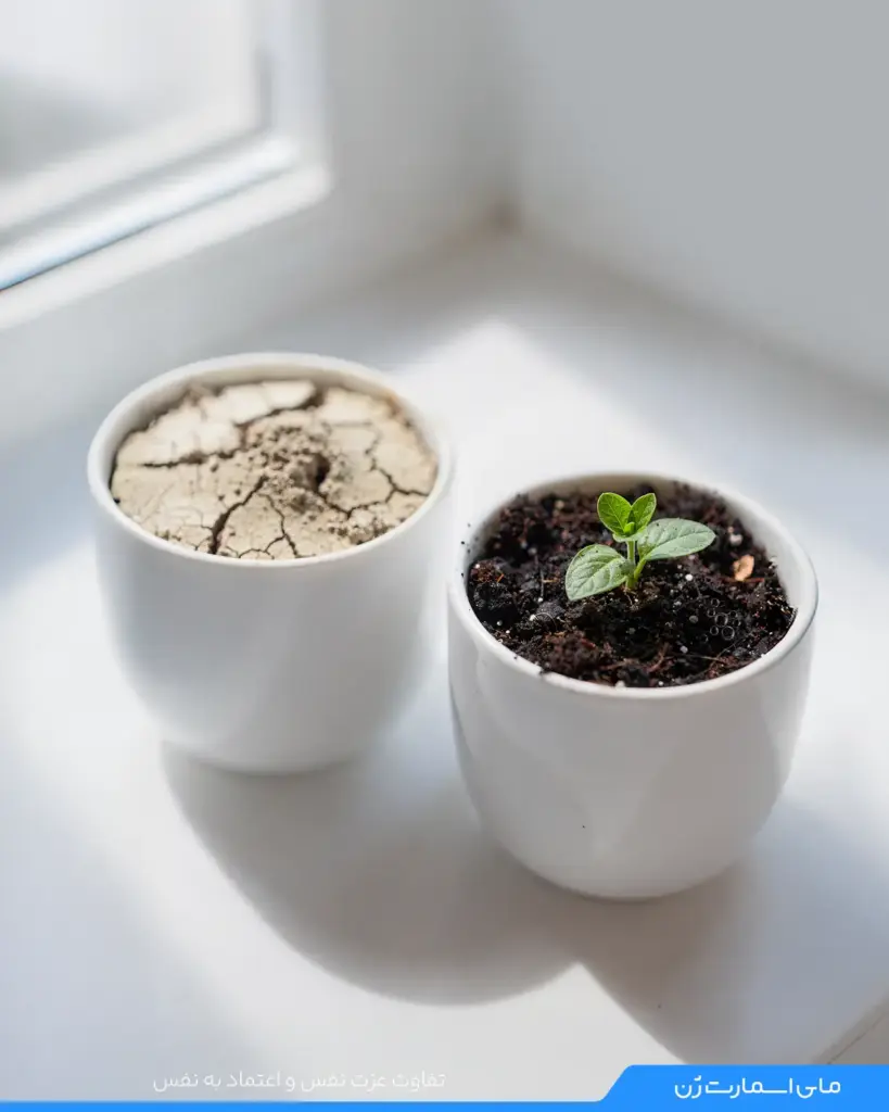 دو گلدان در کنار هم؛ یکی جوانه زده و دیگر خاک مرده