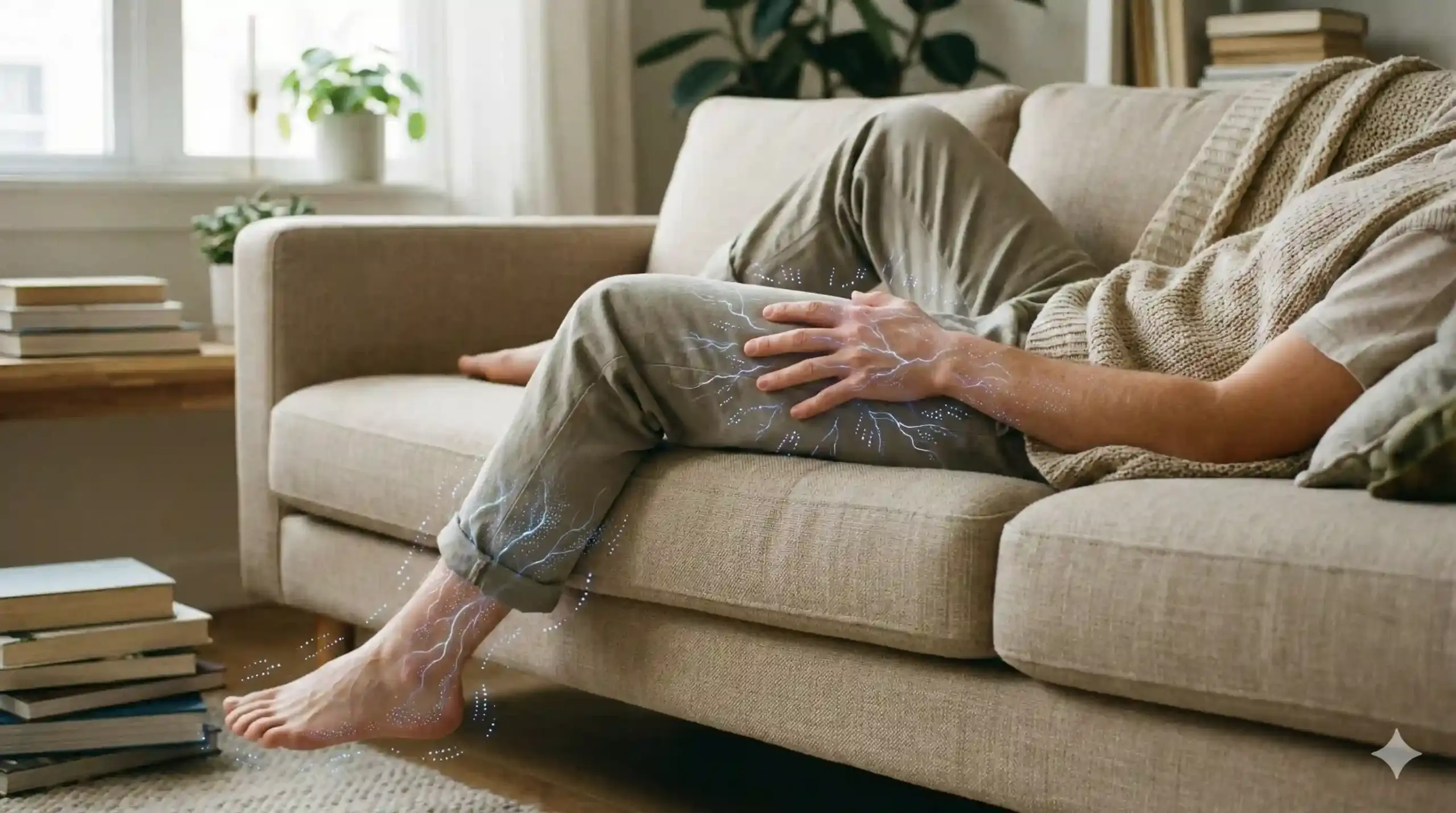 فردی روی کاناپه به حالت نیمه نشسته است و دست و پای خواب رفته و گز گز میکند